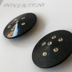 Set of 2 Black Oversized Vintage shank buttons with Inset Clear Rhinestones, one is shiny, one is matte, 1 1/2&quot; diameter