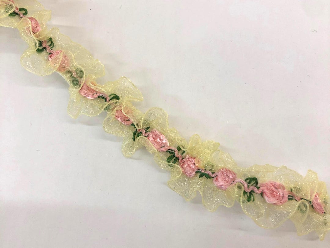 Frilly Ribbin Yellow With Pink and Green Floral Embroidered Organza Ruffle Ribbon ...