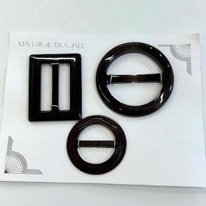 Lot of 3 Brown Art Deco Bakelite Celluloid Plastic Slide Belt Buckles, Vintage 20s 30s 40s, 1.5&quot; - 2.25&quot; wide