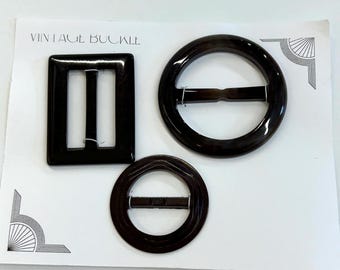 Vintage 1930s Art Deco Brown Bakelite Plastic Belt Buckles, Lot of 3