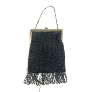 Antique 1910-20s Beaded Wristlet Handbag on Brass Frame with Chain Strap, Navy A/B Glass beads, Loop Fringe, 10&quot; x 6.5&quot;
