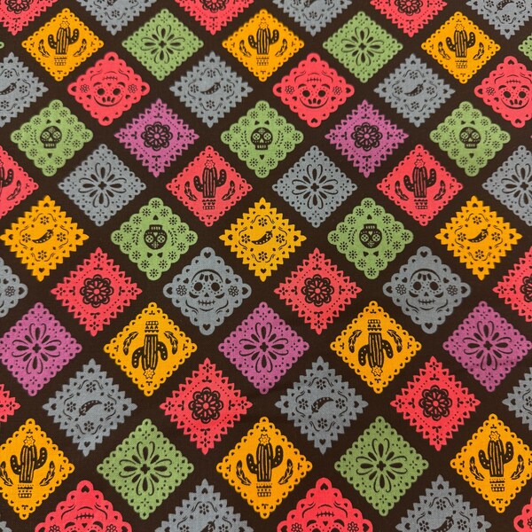 Mexican Folk Picado Print Cotton Fabric, Dia De Los Muertos, 45" Wide BTY