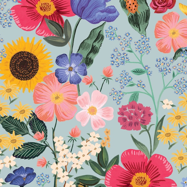 Cotton + Steel Blossom Rayon Sewing Fabric in Light Blue, Rifle Paper Co Curio collection, Multi color floral fabric, 56" wide