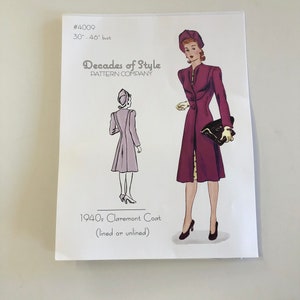 May include: A vintage sewing pattern for a 1940s Claremont coat, with a bust size of 30 to 46 inches. The pattern features a line drawing of a woman wearing a purple coat with a matching hat.