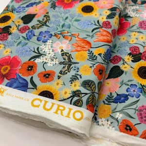Cotton + Steel Blossom Rayon Sewing Fabric in Light Blue, Rifle Paper Co Curio collection, Multi color floral fabric, 56&quot; wide
