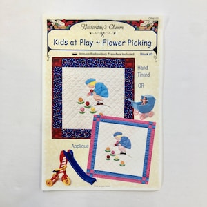 Kids at Play - Flower Picking by Yesterday&#39;s Charm, Block #3 BOM applique pattern with iron on embroidery transfers