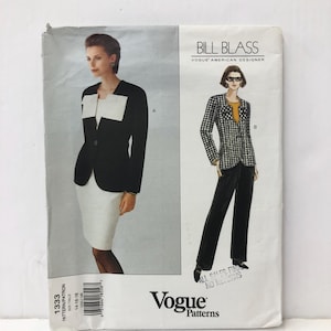 May include: A vintage Vogue Patterns sewing pattern featuring designs by Bill Blass. The pattern includes illustrations of a black and white blazer and a black and white checkered blazer. The pattern number is 1333.