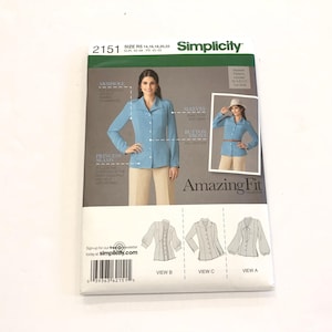 May include: Simplicity sewing pattern number 2151 for a women's blouse with three different views. The pattern includes instructions for a princess seam blouse with button front, a gathered front blouse with a tie, and a gathered front blouse with a ruffle. The pattern is for sizes 14, 16, 18, 20, 22.