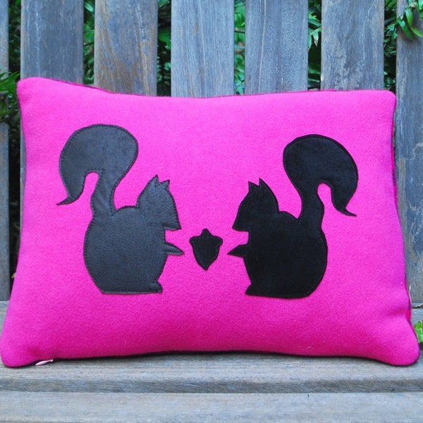 New Pricing - It's My Acorn- Pink wool pillow with two black Squirrels and 1 acorn