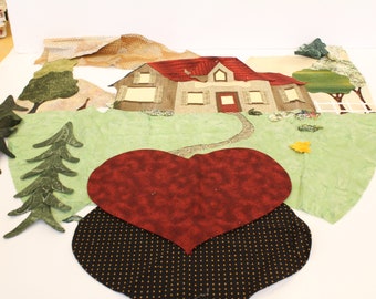 Unfinished House and trees heart themed applique project, unfinished quilting project, unfinished applique quilt