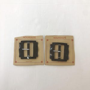 2 NOS Vintage Buckles Made in France on "Nouveaute" Original Cards, Dark Brown Square Plaque Shape Buckles, 2" wide