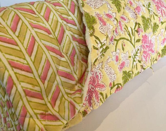 Prequilted 2 Sided Yellow Green & Pink Block Print Cotton Fabric With