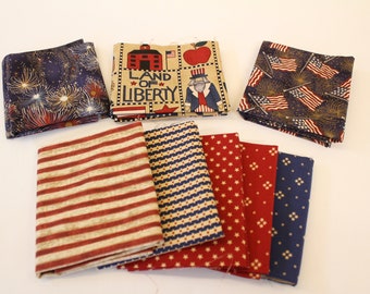 Lot of 8 Assorted  patriotic fat quarters, Patriotic fabrics fabric samples, Flag fireworks striped star prints and figural patriotic prints
