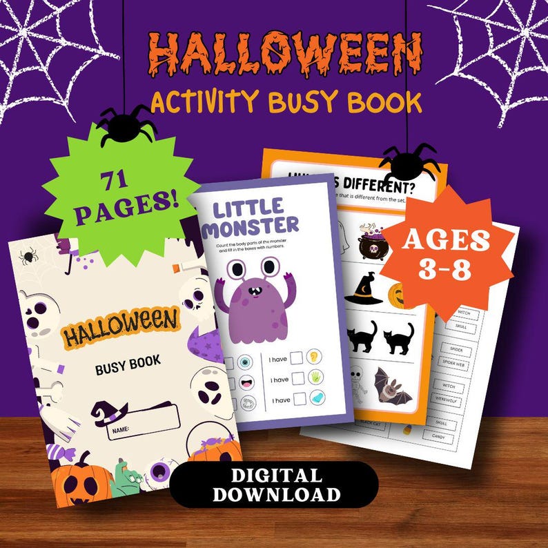 May include: A digital download for a Halloween activity busy book for ages 3-8. The cover features a pumpkin, ghosts, and a witch's hat. The book has 71 pages and includes activities like counting, matching, and finding differences.