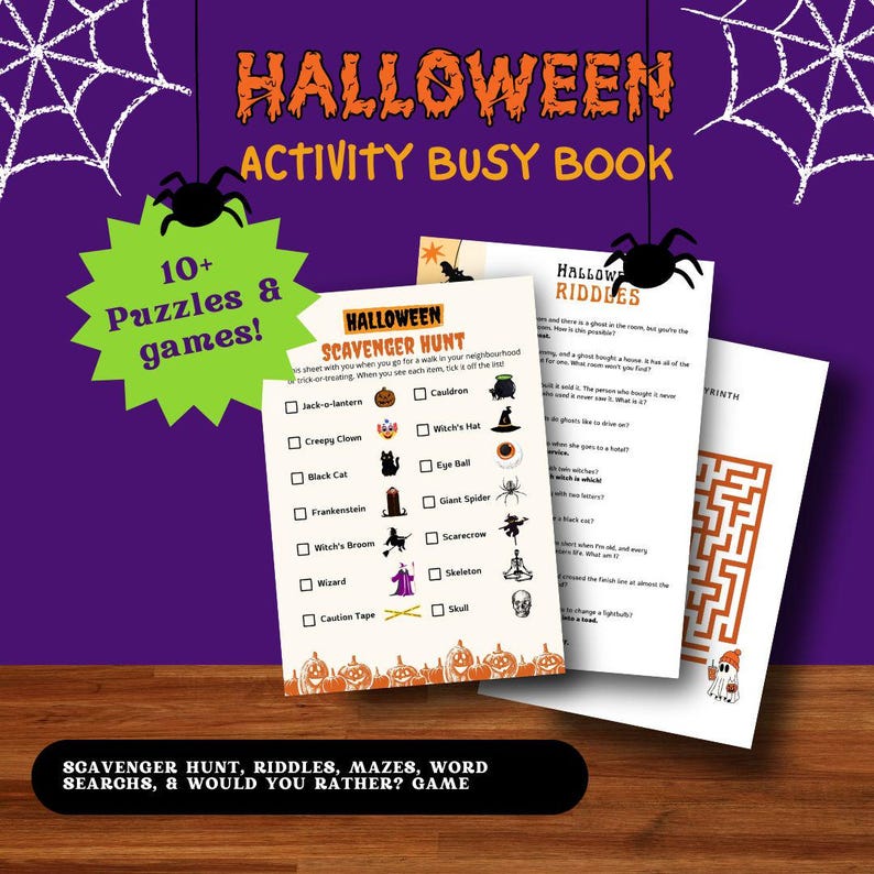 May include: A Halloween activity busy book with 10+ puzzles and games. The book includes a scavenger hunt checklist, riddles, a maze, and a "Would You Rather?" game. The checklist includes items like a jack-o-lantern, a witch's hat, a cauldron, a creepy clown, and a black cat.