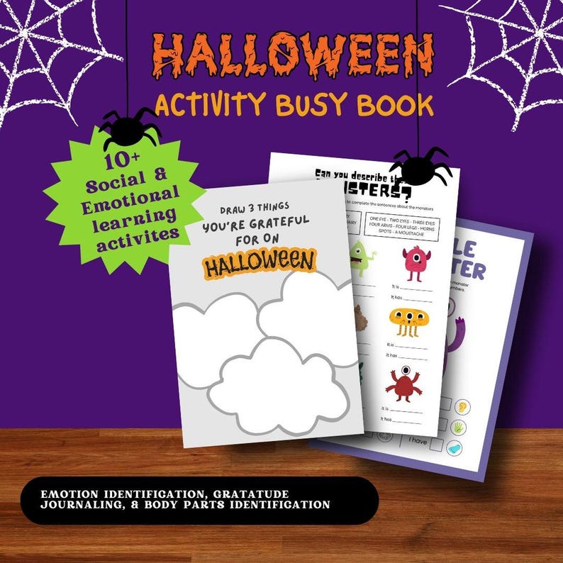 May include: A Halloween activity busy book with 10+ social and emotional learning activities. The book includes activities like drawing 3 things you're grateful for on Halloween, describing monsters, and identifying body parts.