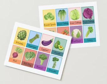 Puede incluir: Dos tarjetas ilustradas con diversas verduras. Las tarjetas muestran imágenes de coles de Bruselas, col china, col verde, col morada, alcachofa, espárragos, berenjena, aguacate, remolacha, pak choi, brócoli, broccolini, coliflor y apio, cada una etiquetada.
