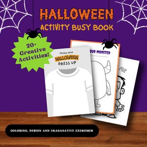May include: A Halloween activity book with 20+ creative activities. The cover features a spider web, spiders, and a title that says "Halloween Activity Busy Book". The book includes activities like designing a Halloween costume, coloring a monster, and more.