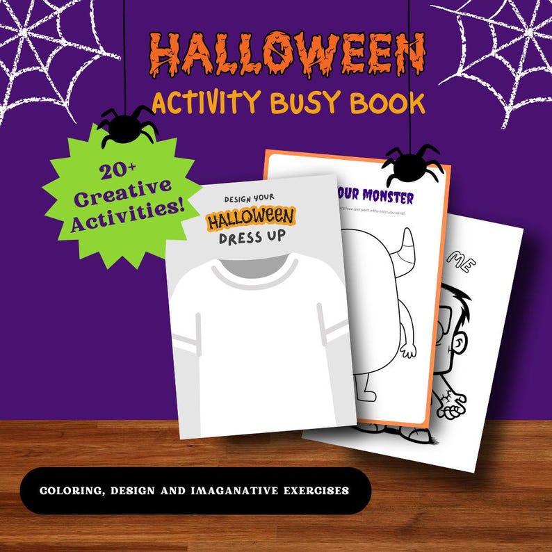 May include: A Halloween activity book with 20+ creative activities. The cover features a spider web, spiders, and a title that says "Halloween Activity Busy Book". The book includes activities like designing a Halloween costume, coloring a monster, and more.