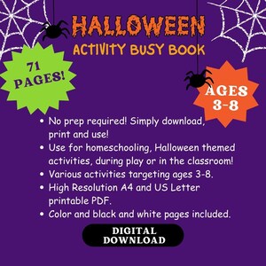 May include: A purple background with a spider web design. A green star with the text "71 PAGES!" and an orange star with the text "AGES 3-8" are on either side of the text "HALLOWEEN ACTIVITY BUSY BOOK". The text "DIGITAL DOWNLOAD" is in a white rectangle with a black border.