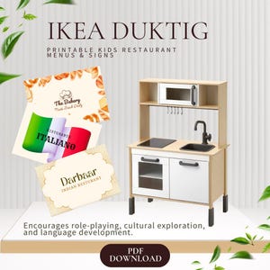 Ensemble de jeu à imprimer IKEA DUKTIG Play Kitchen : boulangerie et café, restaurant indien et restaurant italien, menus et panneaux. Lettres US à imprimer