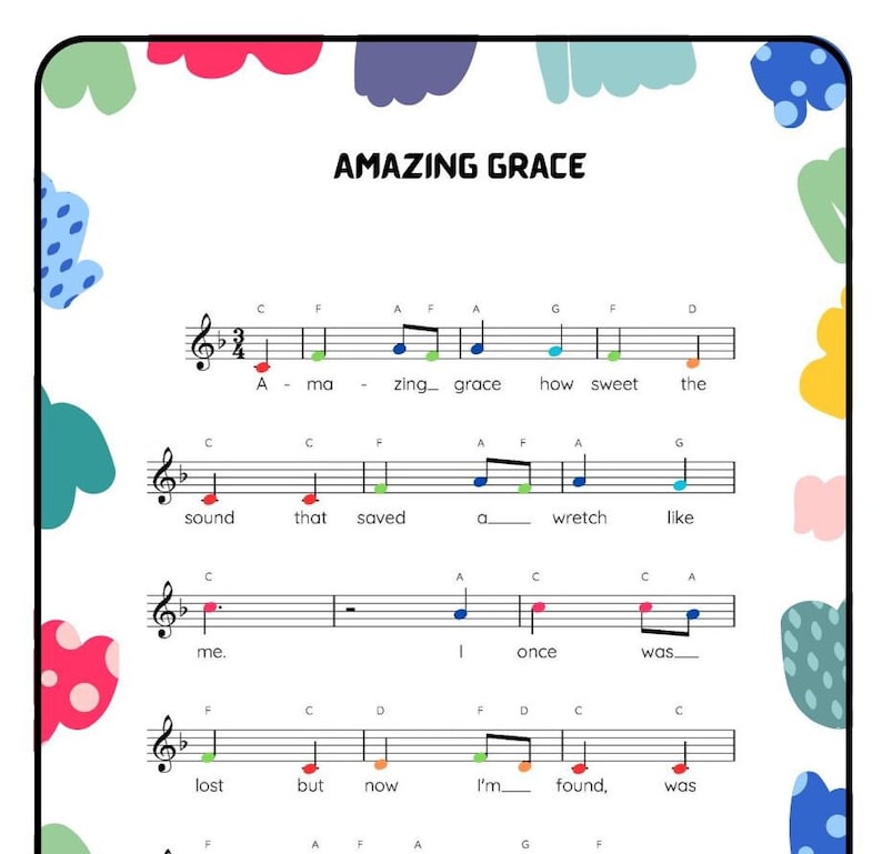 以下が含まれることがあります： カラフルなイラストが縁取りされた楽譜。曲は「アメイジング・グレイス」で、歌詞と楽譜が記載されています。