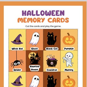 Puede incluir: Un juego de cartas de memoria de Halloween con imágenes de un sombrero de bruja, un fantasma, un gato negro, una calabaza, una araña, una casa encantada, un caldero y una momia. Las cartas están impresas en papel blanco con un fondo amarillo y naranja.