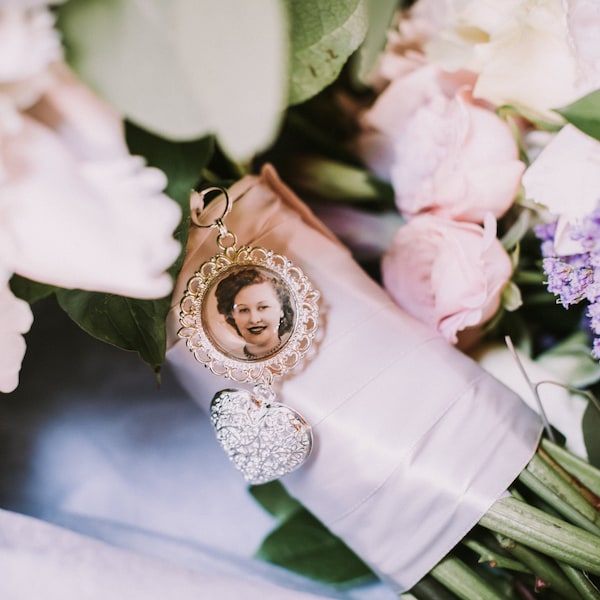 Custom Personalized Photo Double Sided Wedding Bouquet Charm for something treasured