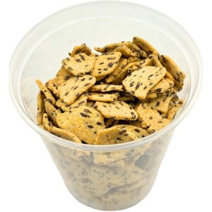 May include: A clear plastic cup filled with crispy, golden brown crackers topped with black sesame seeds.