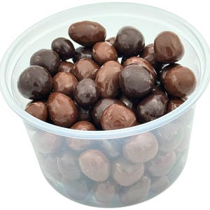 May include: A clear plastic container filled with milk chocolate and dark chocolate covered almonds. The container is filled to the brim with the chocolate covered almonds.