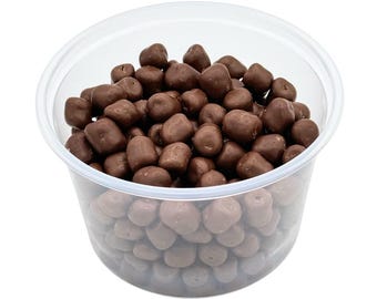May include: A clear plastic container filled with chocolate-covered candies. The candies are a rich, dark brown color and have a slightly irregular, rounded shape. The container is transparent, allowing the candies to be fully visible.
