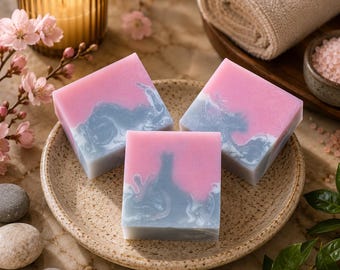 Jabón artesanal de glicerina: aroma a lino costero, remolinos rosas, grises y blancos, barra de spa de lujo