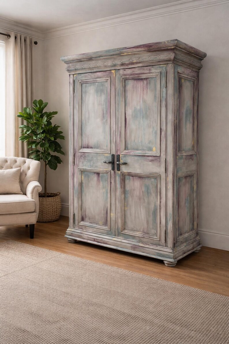 French Country Armoire Hand Painted Cabinet Shabby Chic Wardrobe Floral ...