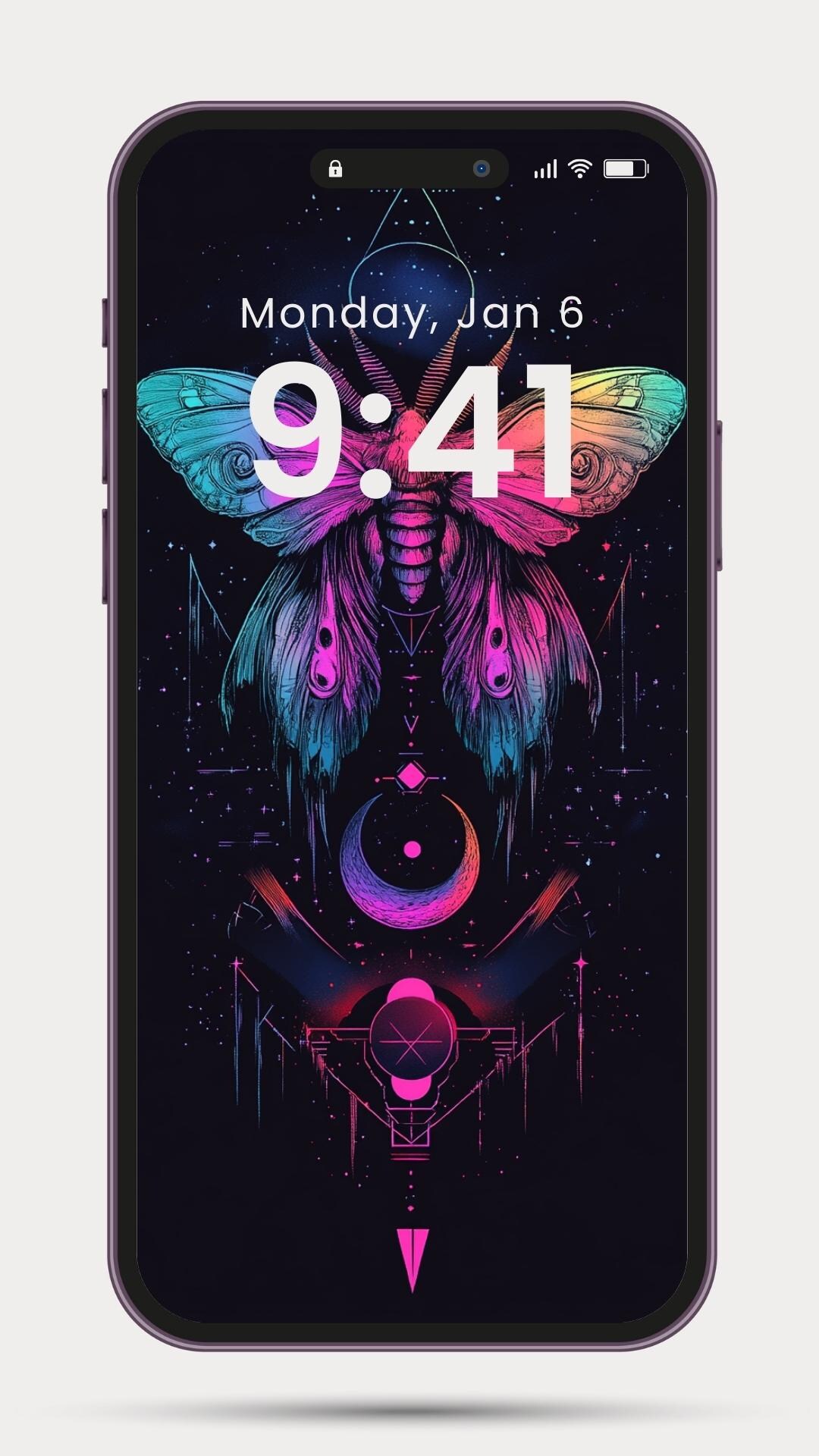 Mystical Butterfly Art Phone Wallpaper, Neon Celestial Moth Lock Screen ...