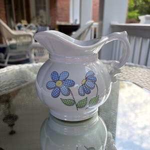 Vintage Signed McCoy Pottery “Gingham Blue Daisy” Pitcher