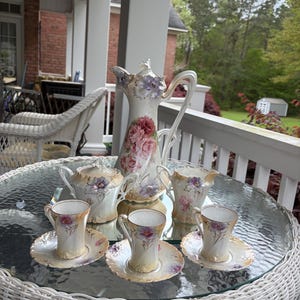 Exquisite Antique R.S. Prussia Pearlescent Cream Colored Chocolate Pot, Sugar and Creamer Set with Pink Roses, Purple Flowers & Gold Accents
