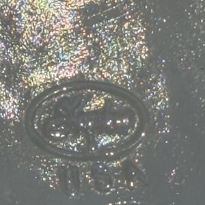 May include: Close-up of a shiny, iridescent surface with an oval-shaped emblem. The emblem features a floral design and the letters "USA" at the bottom. The surface has a glittery, textured appearance.