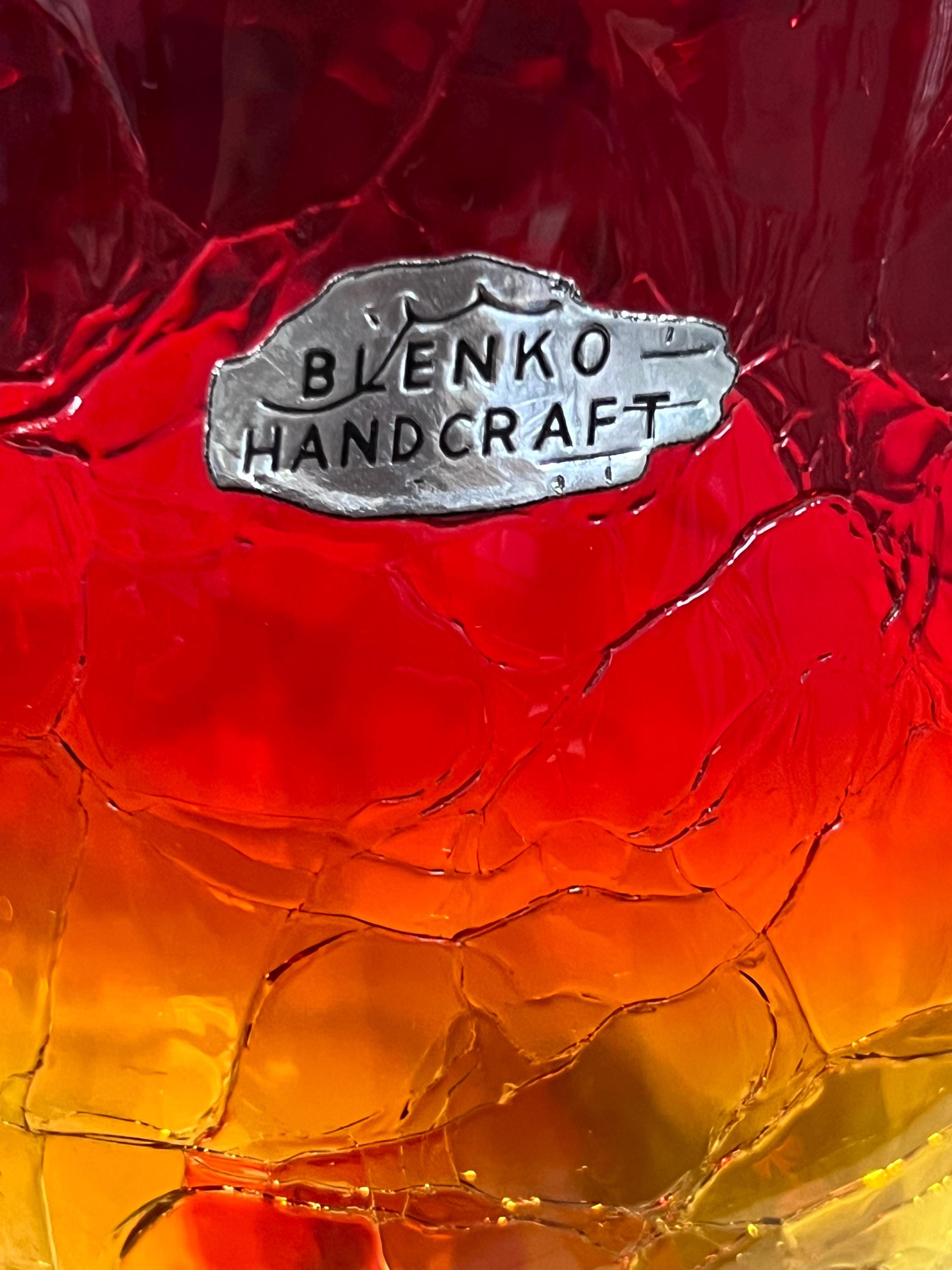 Vintage Blenko Art Glass Tangerine, Ruby, Citrine Amberina Crackle
