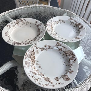 May include: Three white ceramic bowls with a brown floral pattern are arranged on a glass-topped table. The bowls have a shallow, rounded shape. The floral design includes flowers and leaves. The table is supported by a white wicker base.