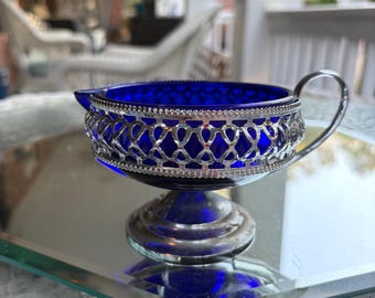 Gorgeous Chrome and Cobalt Glass Creamer Pitcher with Reticulated Design