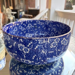 May include: A blue and white ceramic bowl with a floral pattern. The bowl has a rounded shape and a gold rim. The floral design features small white flowers and leaves against a blue background. The bowl is sitting on a reflective surface.