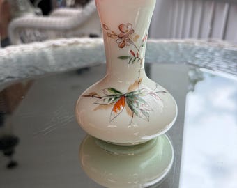 Antique Victorian-Era Thomas Webb (?) Milk Glass and Salmon Pink Uranium Glass Hand Blown Vase with Asian Floral Design