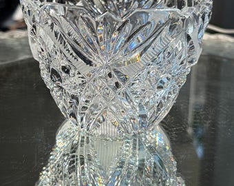 Antique American Brilliant Cut Lead Crystal Glass Decorative Bowl with Cut Hobstar, Button, Diamondpoint wand Fan Designs  and Sawtooth Rim
