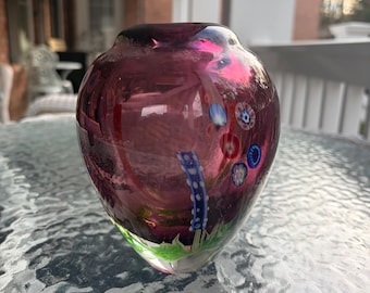 Vintage Heavy Murano Hand Blown Studio Art Glass Amethyst Glass Millefiori Vase