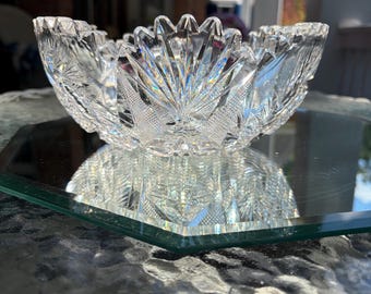 Stunning Antique American Brilliant Period Cut Crystal Bowl  with Cut Hobstar, Pinwheel, Crosshatch & Fan Design and Scalloped Sawtooth Rim