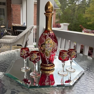 Hand Painted Ruby Red and Gold Venetian Murano Decanter Set - Etsy