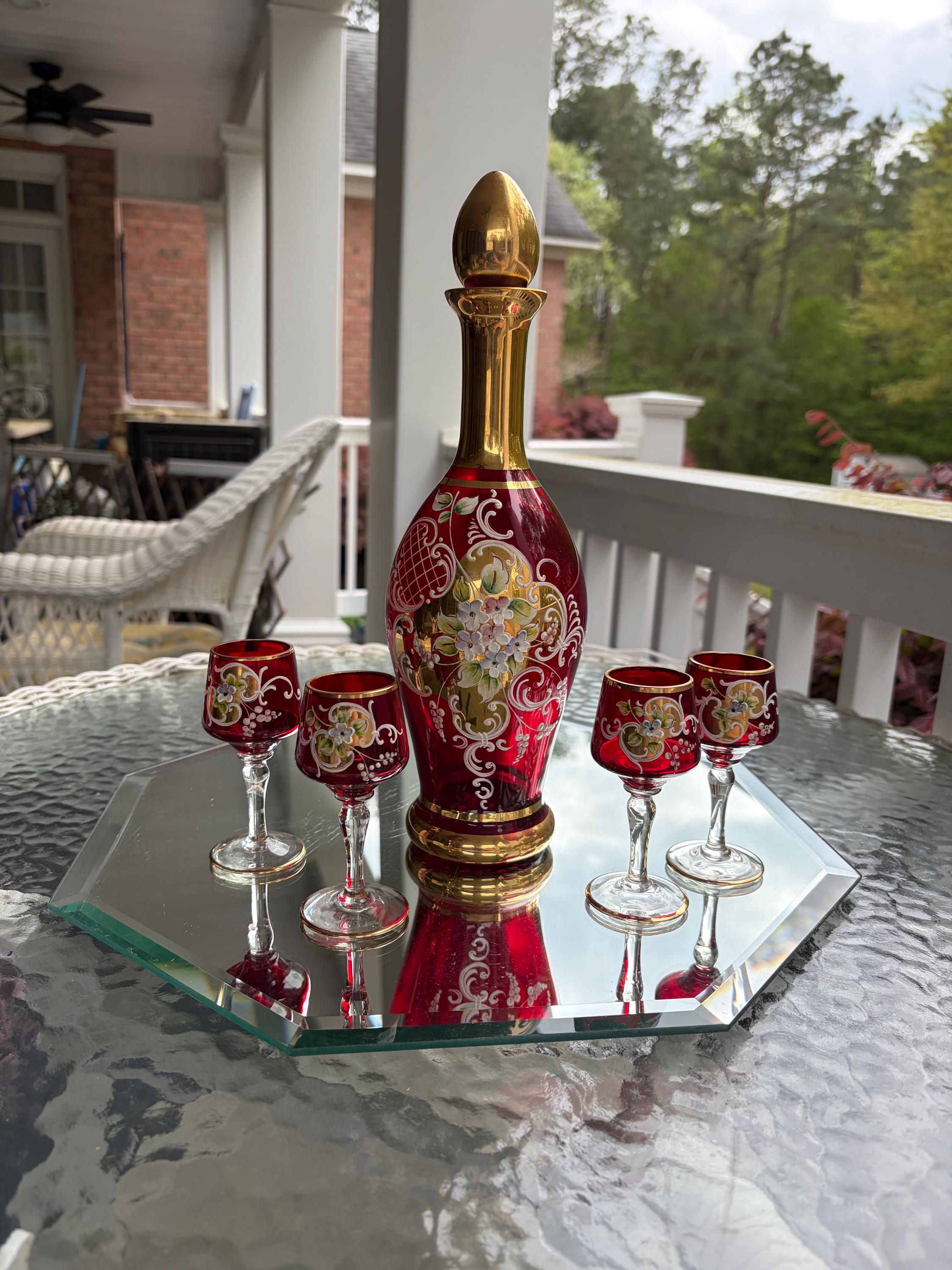 Hand Painted Ruby Red and Gold Venetian Murano Decanter Set - Etsy