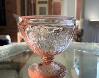 Vintage Anchor Hocking Mayfair Pink Glass Small Pedestal Bowl, Jar, or Open Container with Floral Design