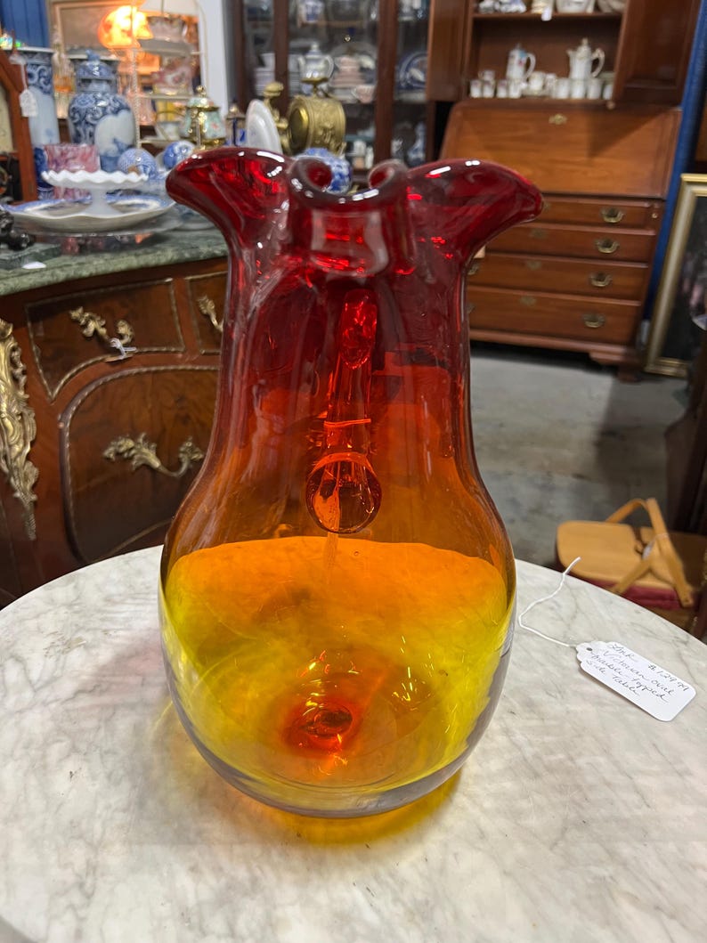 Stunning Blenko Hand Blown Amberina Art Glass Pitcher With Pinched ...