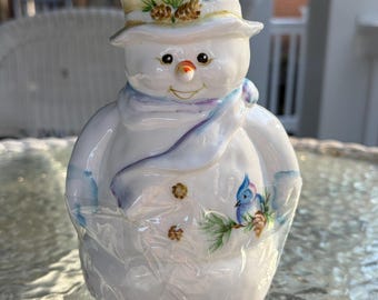 RARE Signed Fenton Milk Glass Snowman with Hand Painted Enamel Accents